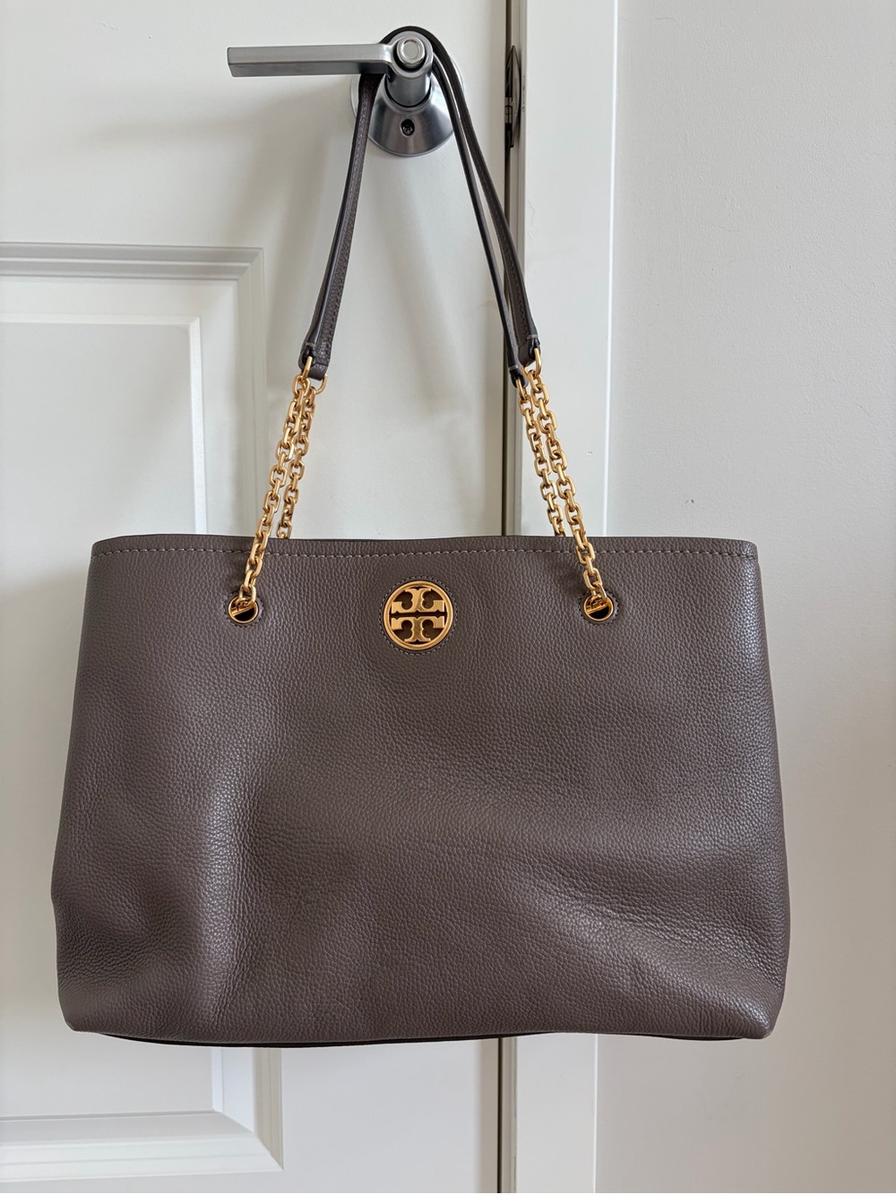 Tory Burch Taupe Pebbled Leather Chain Tote Bag